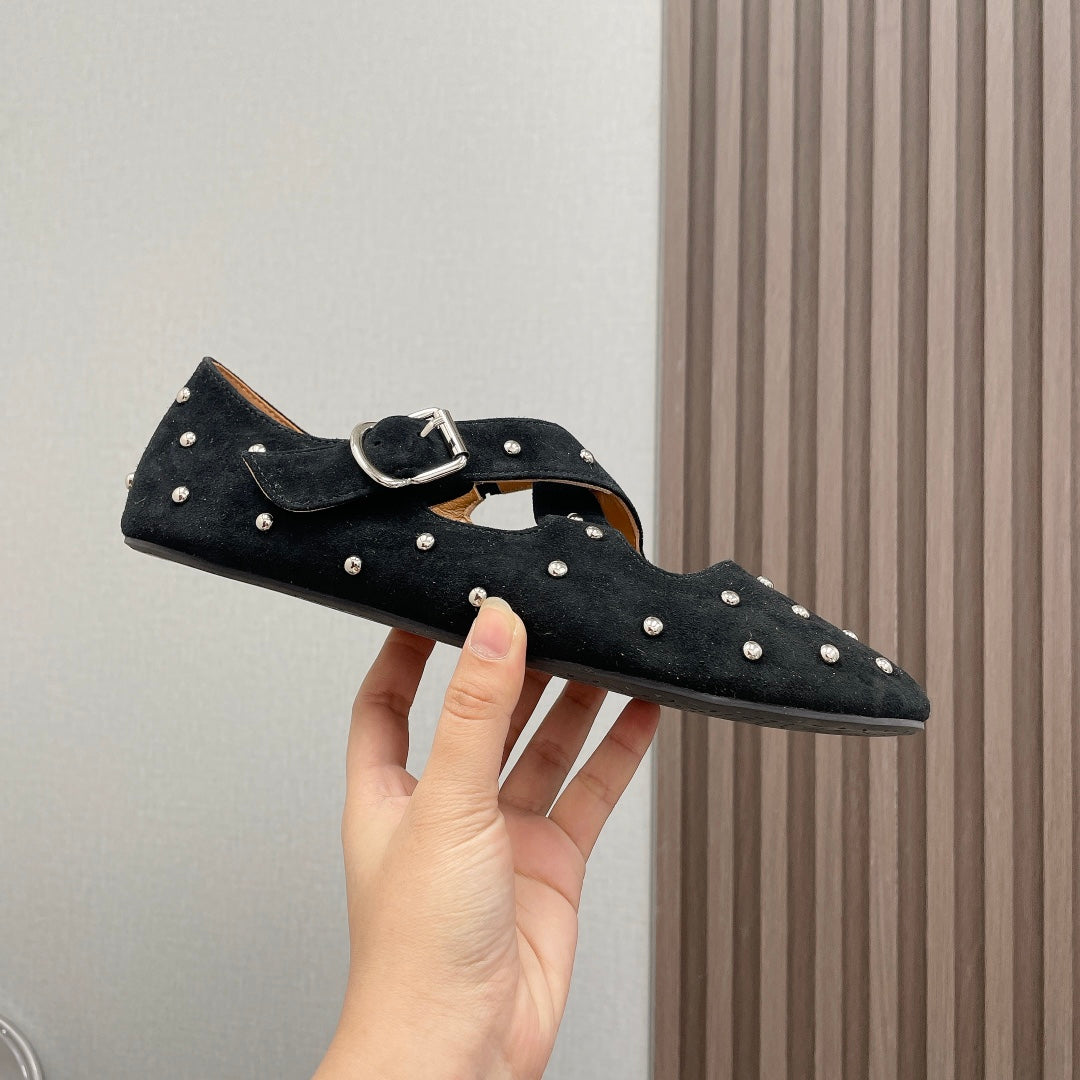 Alaia 2025 Bailarinas Cruzadas con Tachuelas de Ante Negro 293205