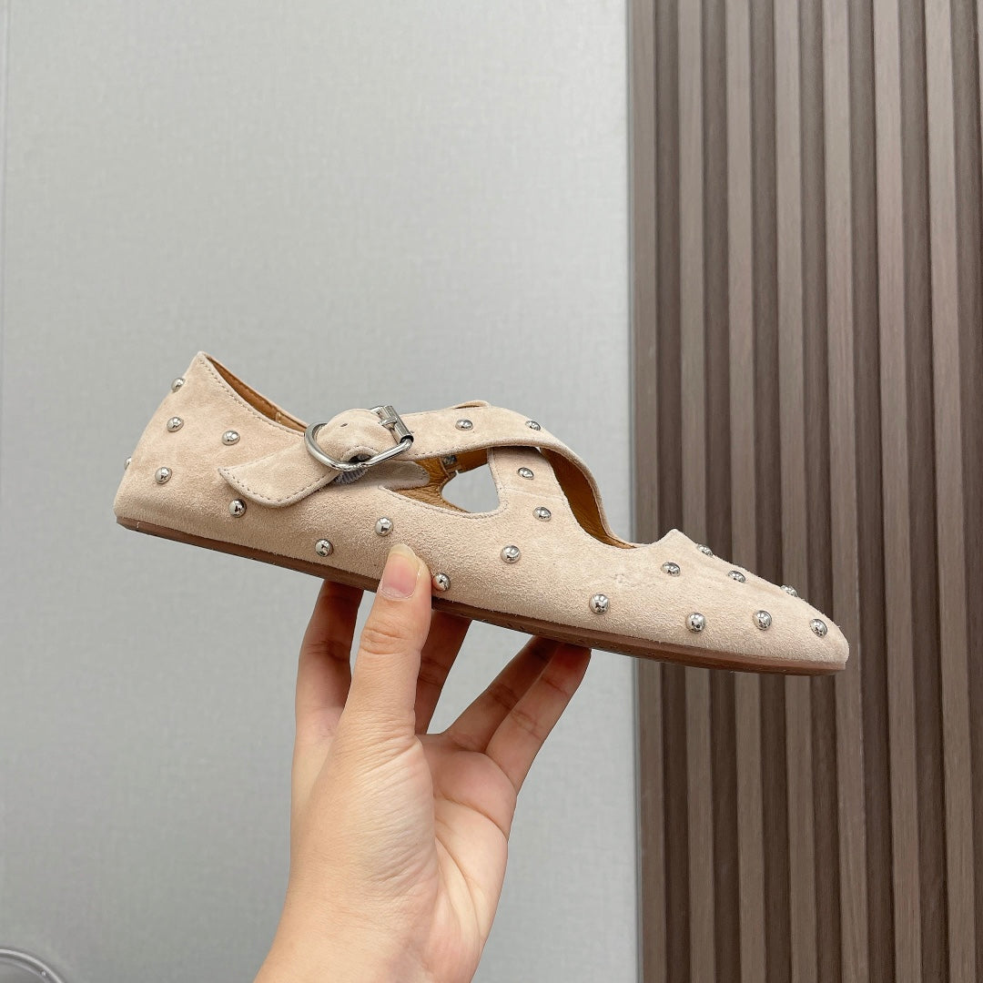 Alaia 2025 Bailarinas Cruzadas con Tachuelas de Ante Nude 293206