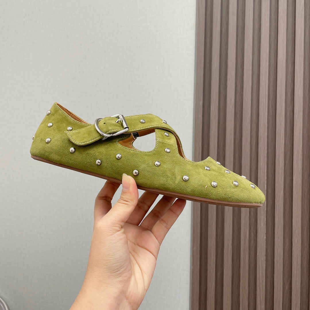 Alaia 2025 Bailarinas Cruzadas con Tachuelas de Ante Verde Aguacate 293209