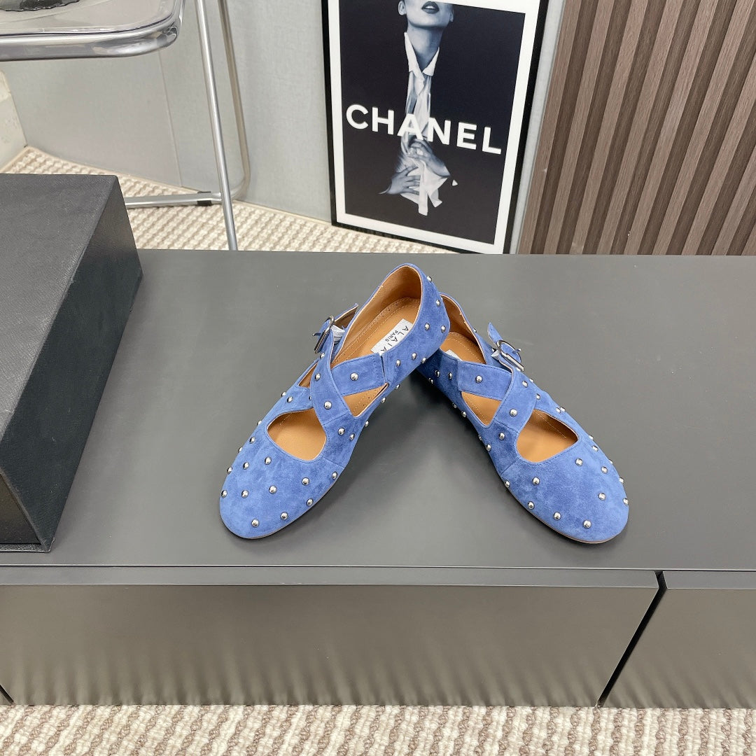 Alaia 2025 Bailarinas Cruzadas con Tachuelas Azul Real de Ante 293211