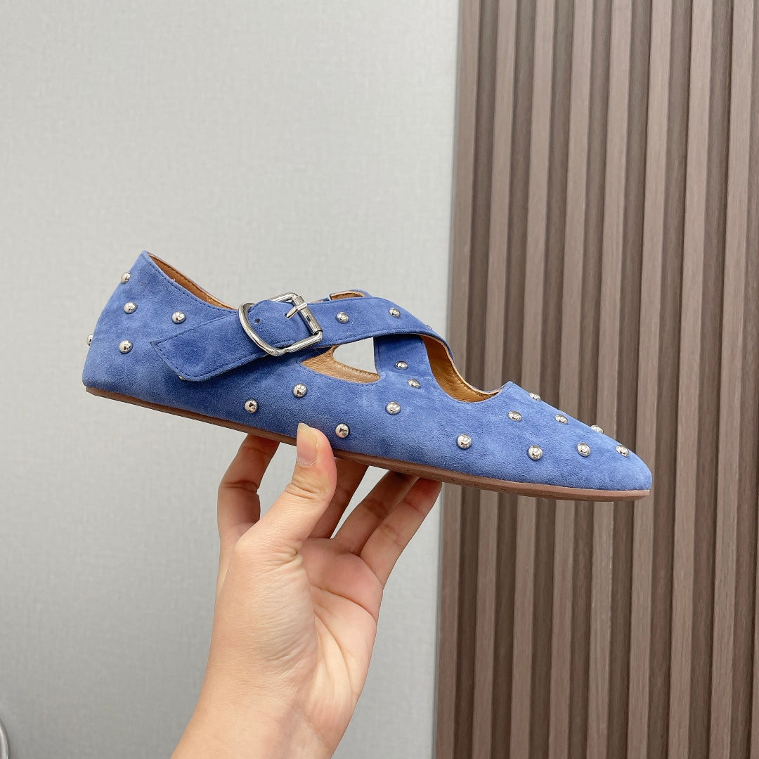 Alaia 2025 Bailarinas Cruzadas con Tachuelas Azul Real de Ante 293211