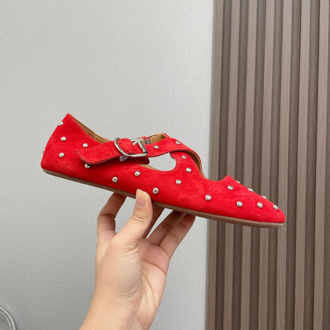 Alaia 2025 Bailarinas Cruzadas con Tachuelas de Ante Rojo 293214
