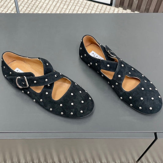 Alaia 2025 Bailarinas Cruzadas con Tachuelas de Ante Negro 293205