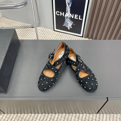 Alaia 2025 Bailarinas Cruzadas con Tachuelas de Ante Negro 293205
