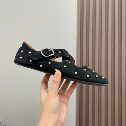 Alaia 2025 Bailarinas Cruzadas con Tachuelas de Ante Negro 293205