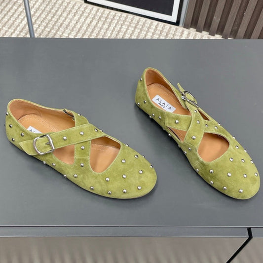 Alaia 2025 Bailarinas Cruzadas con Tachuelas de Ante Verde Aguacate 293209