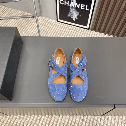 Alaia 2025 Bailarinas Cruzadas con Tachuelas Azul Real de Ante 293211