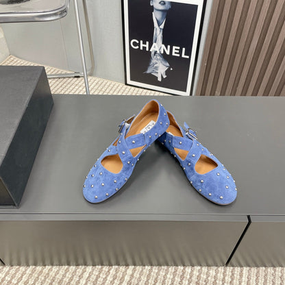 Alaia 2025 Bailarinas Cruzadas con Tachuelas Azul Real de Ante 293211