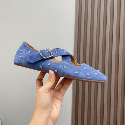 Alaia 2025 Bailarinas Cruzadas con Tachuelas Azul Real de Ante 293211