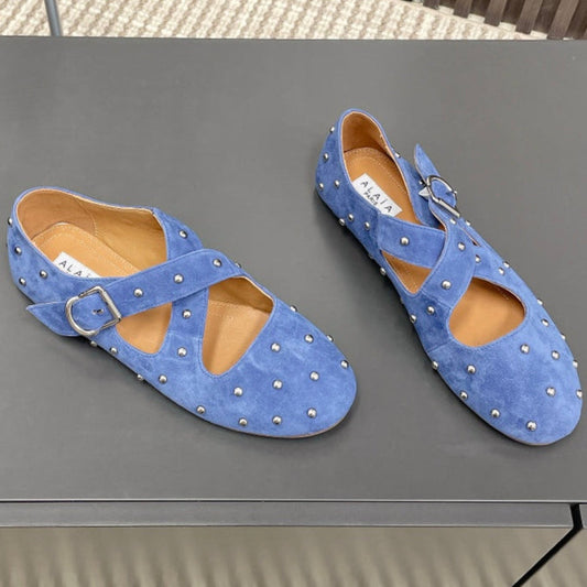Alaia 2025 Bailarinas Cruzadas con Tachuelas Azul Real de Ante 293211