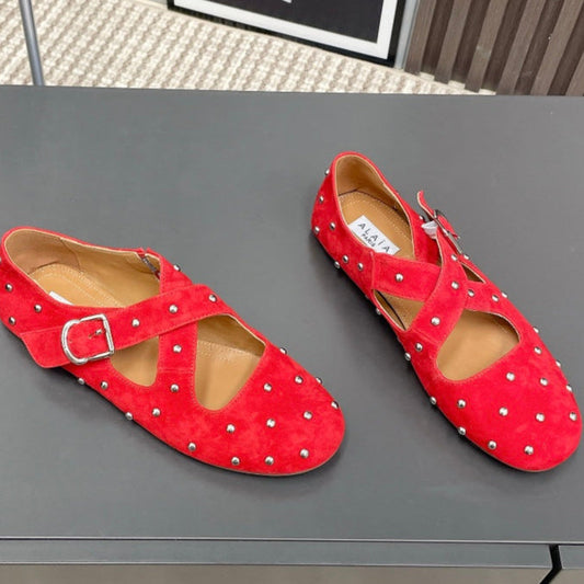 Alaia 2025 Bailarinas Cruzadas con Tachuelas de Ante Rojo 293214