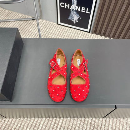 Alaia 2025 Bailarinas Cruzadas con Tachuelas de Ante Rojo 293214